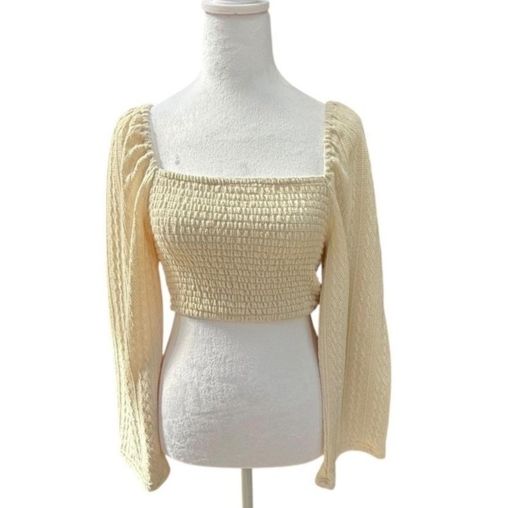 Emory Park Top Womens Small Cream Smocked Balloon Sleeve Boho Cottagecore
